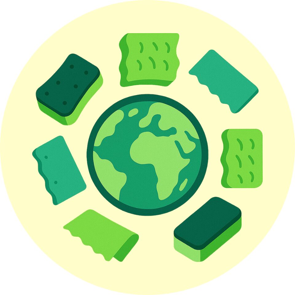 Icon für kulturelle Dimension bestehend aus einer Weltkugel, umgeben von unterschiedlichen Schwämmen und Lappen.