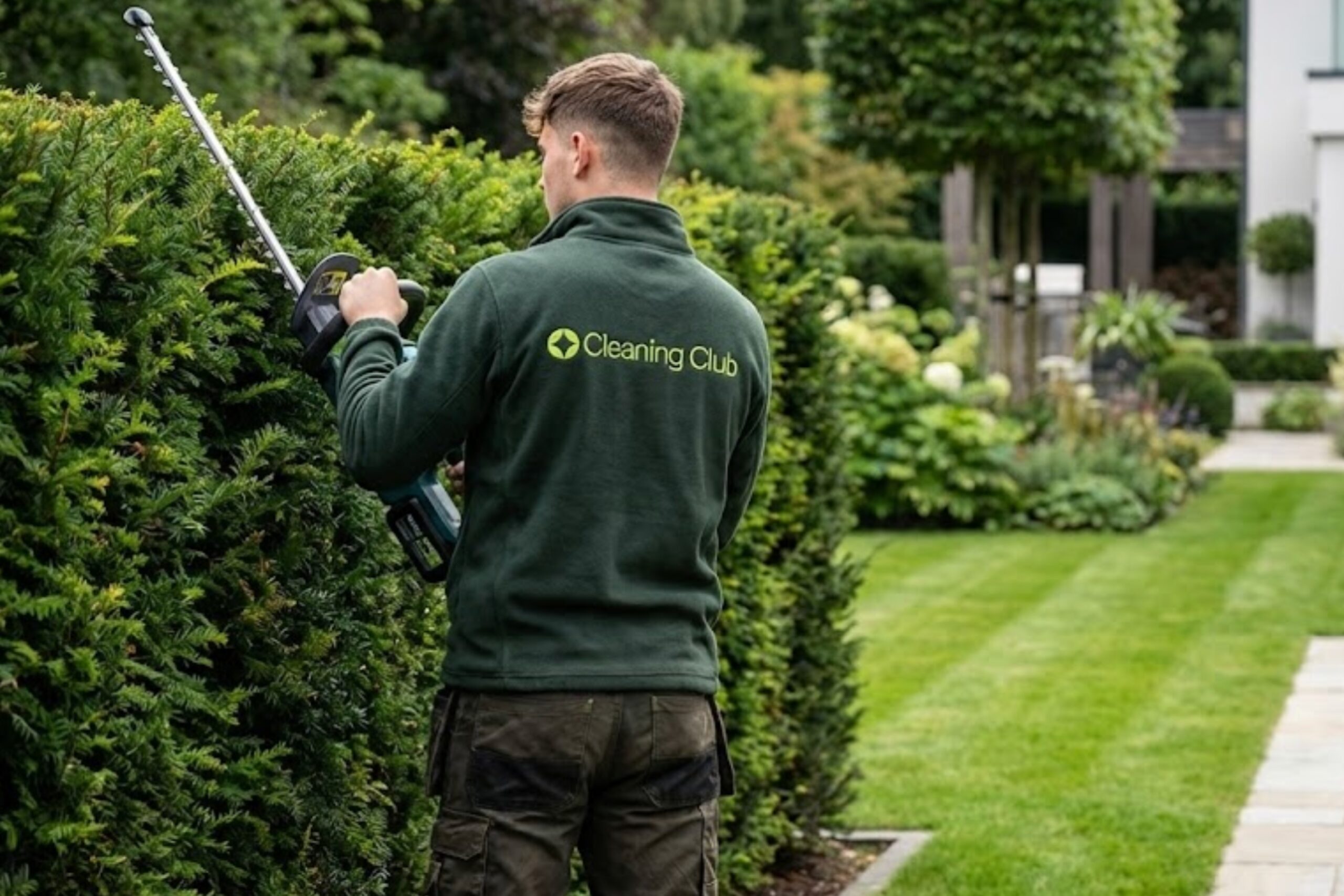 Ein Gärtner schneidet mit einer Heckenschere eine Hecke zurück – Symbol für präzise, fachgerechte Gartenpflege bei The Cleaning Club.